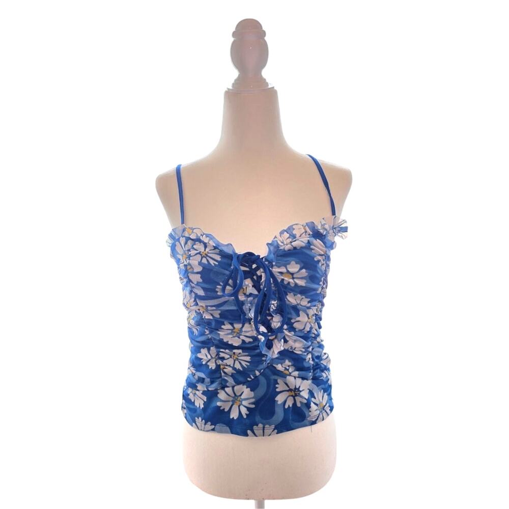 Miss Selfie Blue Floral Lace Crop Tank Womens Large Ruffle Ruched Top Y2K Vibe